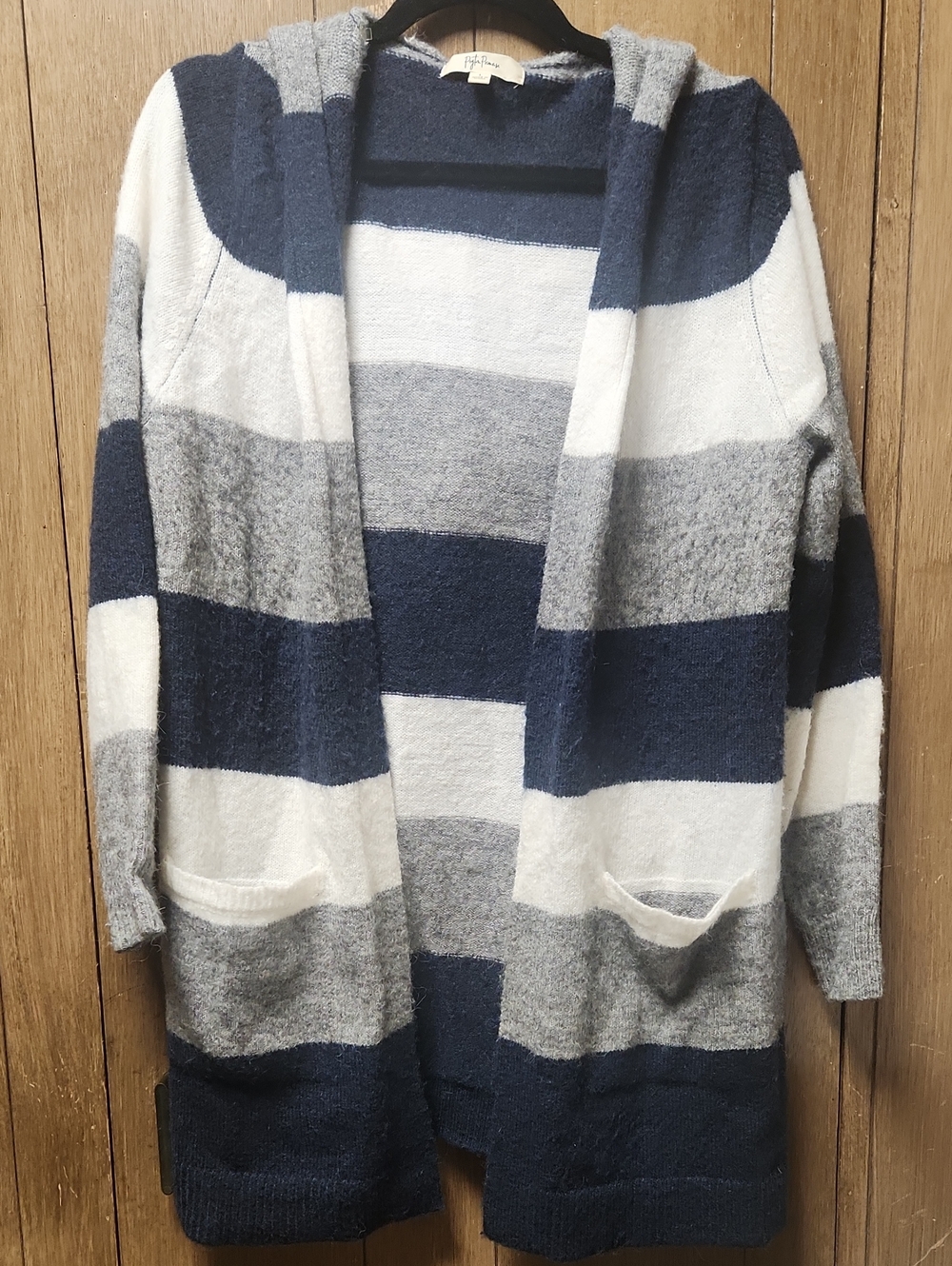 Cozy Striped Hooded Cardigan in Navy, Gray & White
